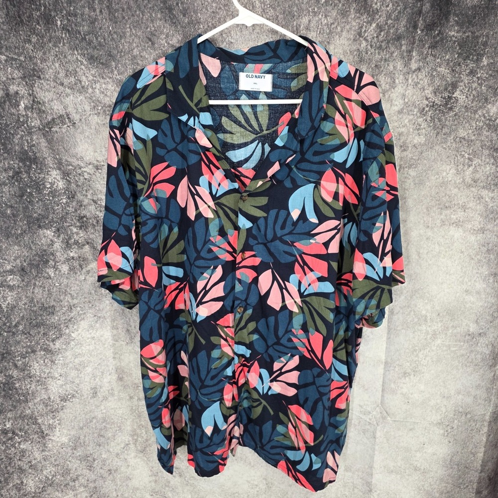 Old Navy Hawaiian Shirt Mens 2XL Blue Floral Camp Tropical Coastal Vacation‎
